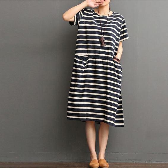 Elegant blue striped  linen shift dresses plus size linen maxi dress Fine o neck short sleeve linen dresses - Omychic