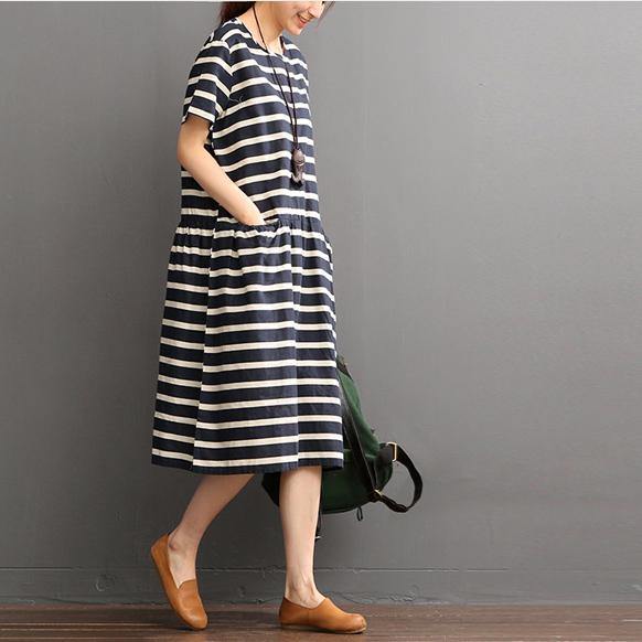 Elegant blue striped  linen shift dresses plus size linen maxi dress Fine o neck short sleeve linen dresses - Omychic