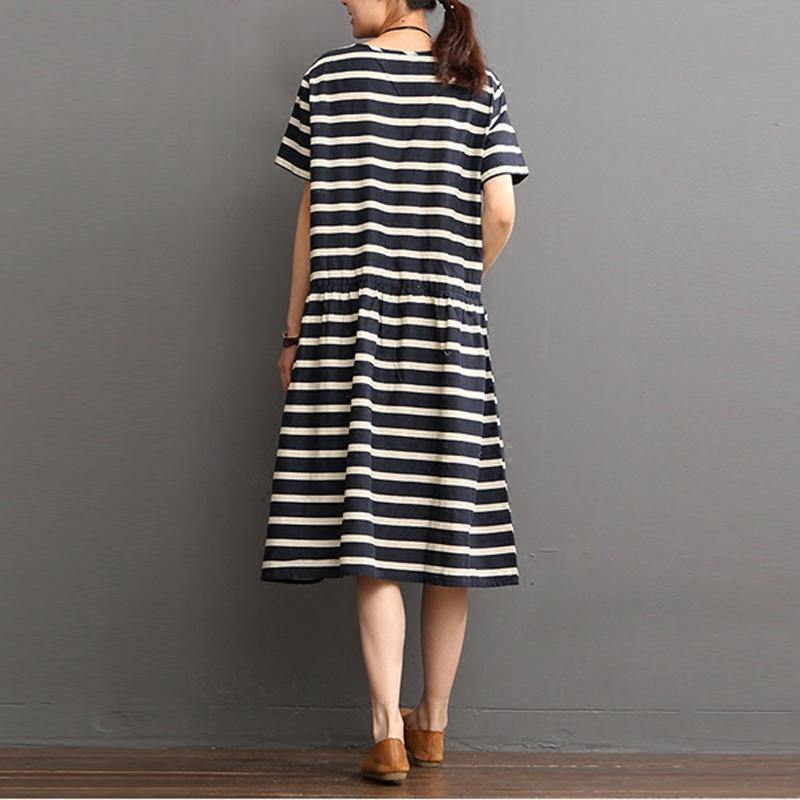 Elegant blue striped  linen shift dresses plus size linen maxi dress Fine o neck short sleeve linen dresses - Omychic