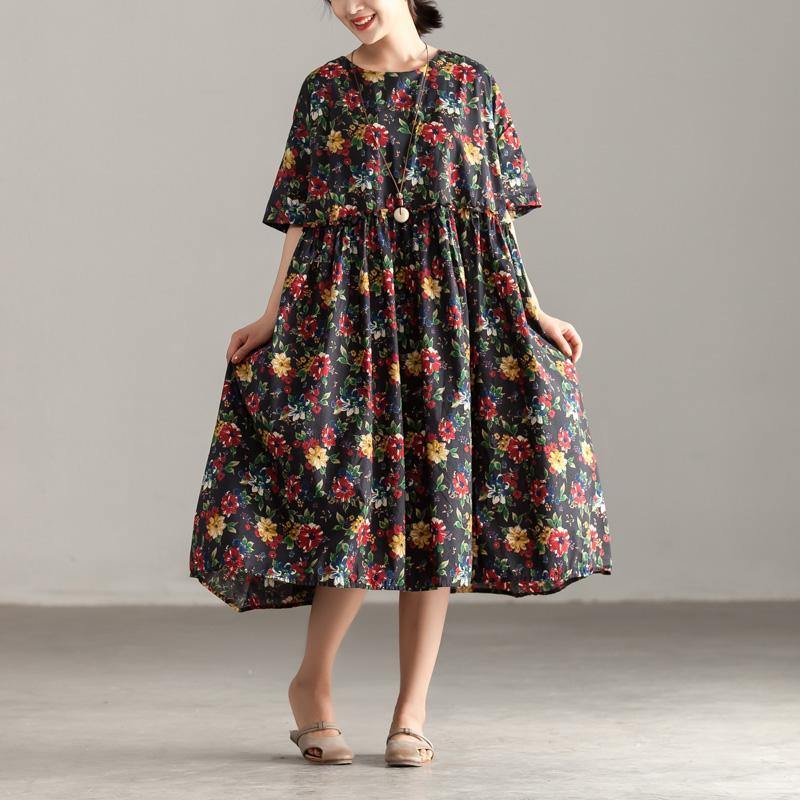Elegant cotton caftans oversized Casual Short Sleeve Pockets Floral Pleated Lacing Dress - Omychic