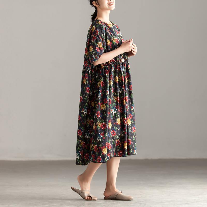 Elegant cotton caftans oversized Casual Short Sleeve Pockets Floral Pleated Lacing Dress - Omychic