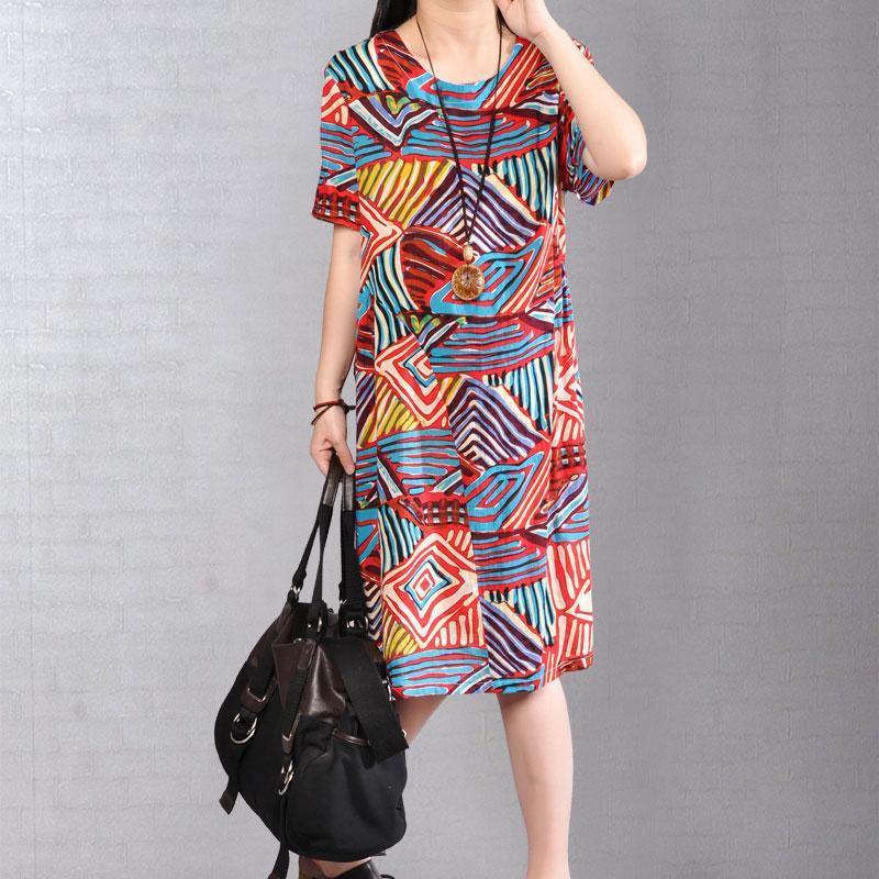 Elegant cotton caftans plus size Casual Short Sleeve Pullovers Printing Summer Dress - Omychic