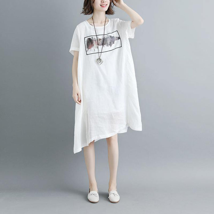 Elegant cotton dresses Loose fitting Casual Summer Short Sleeve White Pockets Slit Dress - Omychic