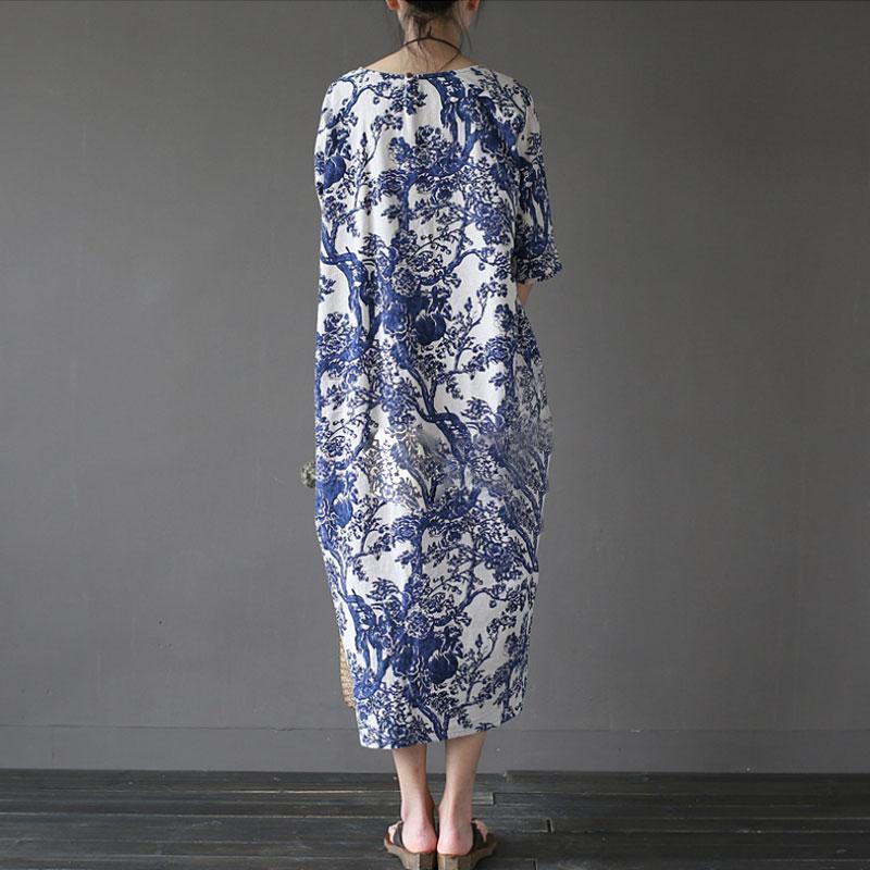 Elegant cotton gown oversize Cotton Linen Printed Loose Ethnic Half Sleeve Dress - Omychic