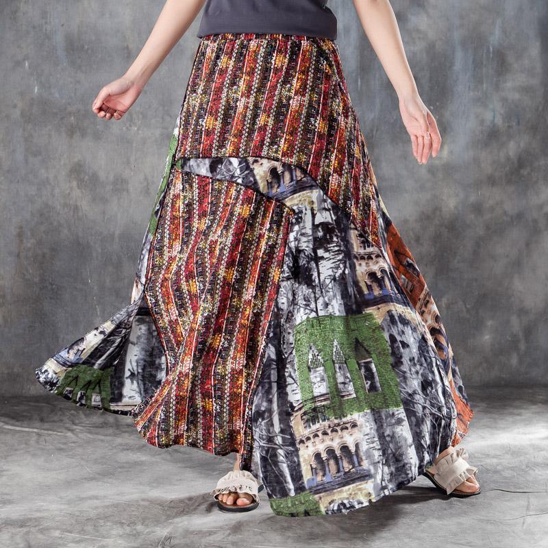 Elegant cotton skirt oversized Women Linen Cotton Printed Splicing Split Skirts - Omychic