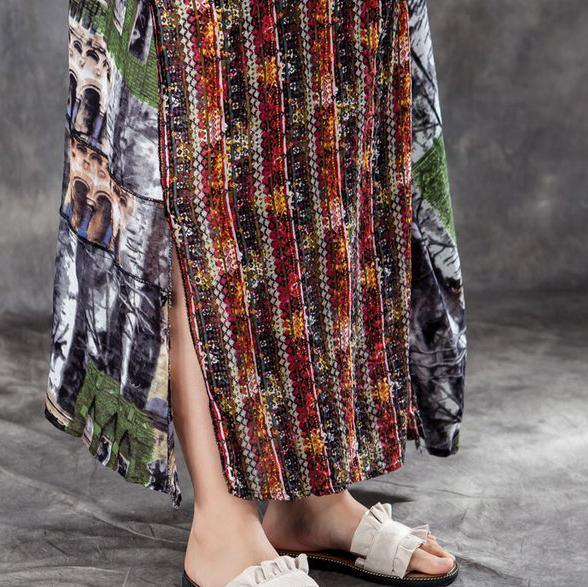Elegant cotton skirt oversized Women Linen Cotton Printed Splicing Split Skirts - Omychic