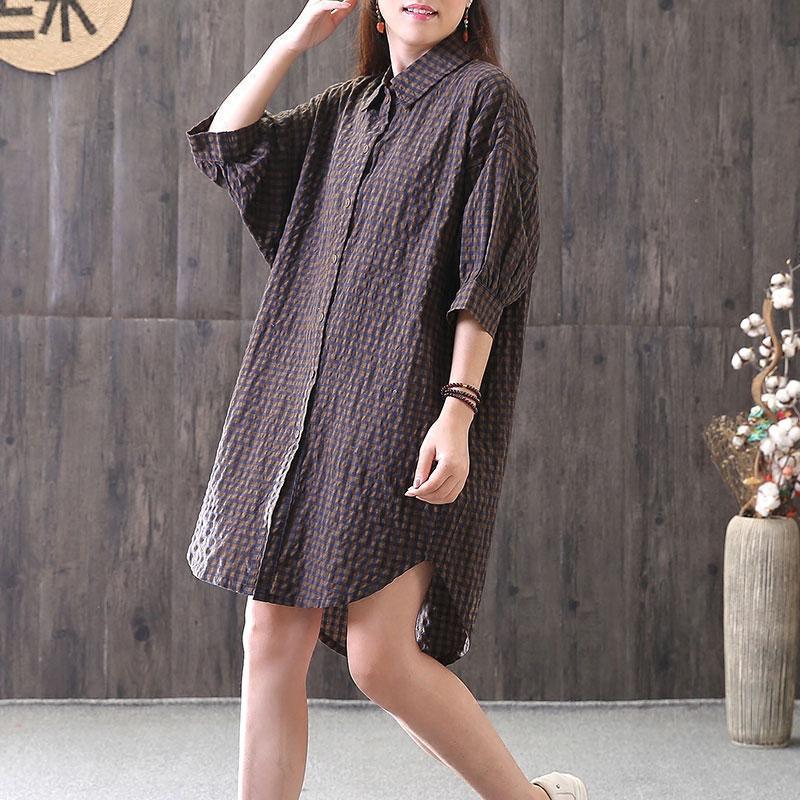 Elegant cotton tops plus size Loose Casual Plaid Single Breasted Women Coffee Shirt - Omychic