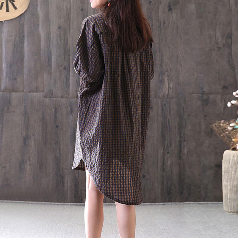 Elegant cotton tops plus size Loose Casual Plaid Single Breasted Women Coffee Shirt - Omychic
