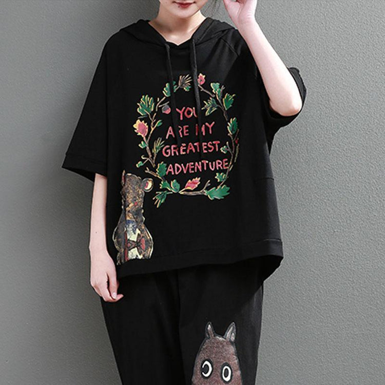 Elegant cotton tops plus size clothing Loose Cartoon Letter Printed Hoodie Women Black Tops - Omychic