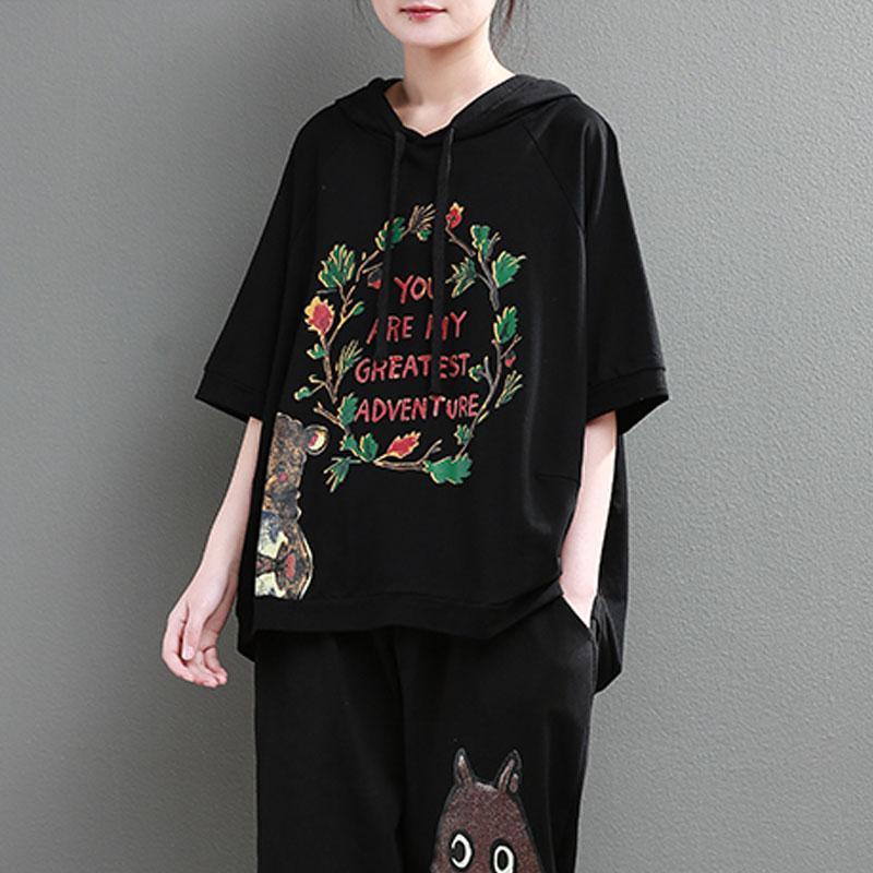 Elegant cotton tops plus size clothing Loose Cartoon Letter Printed Hoodie Women Black Tops - Omychic