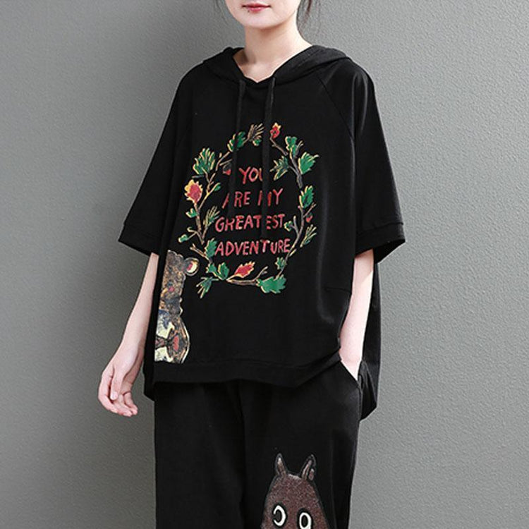 Elegant cotton tops plus size clothing Loose Cartoon Letter Printed Hoodie Women Black Tops - Omychic