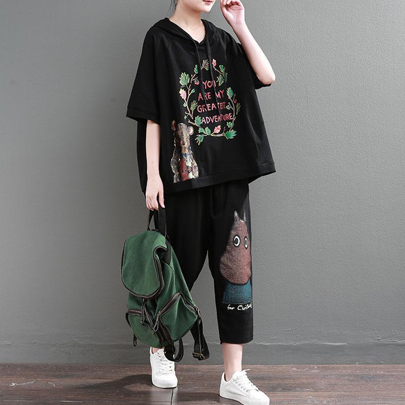 Elegant cotton tops plus size clothing Loose Cartoon Letter Printed Hoodie Women Black Tops - Omychic