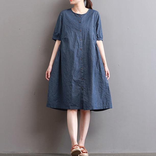 Elegant dark blue pure linen dresses   plus size holiday dresses Fine short sleeve o neck cotton clothing - Omychic