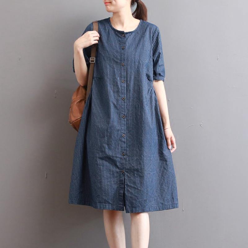 Elegant dark blue pure linen dresses   plus size holiday dresses Fine short sleeve o neck cotton clothing - Omychic