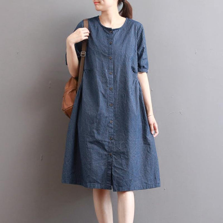 Elegant dark blue pure linen dresses   plus size holiday dresses Fine short sleeve o neck cotton clothing - Omychic