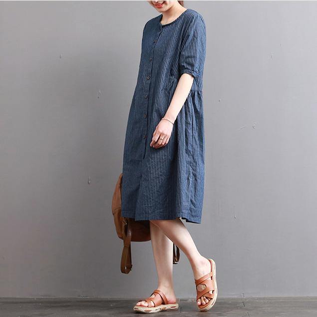 Elegant dark blue pure linen dresses   plus size holiday dresses Fine short sleeve o neck cotton clothing - Omychic