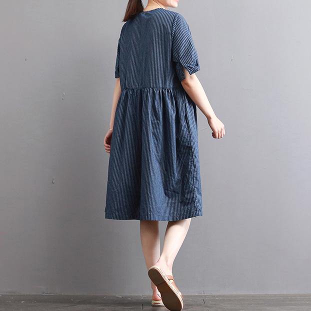 Elegant dark blue pure linen dresses   plus size holiday dresses Fine short sleeve o neck cotton clothing - Omychic