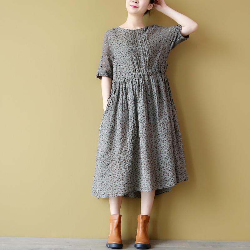 Elegant floral Midi linen dresses trendy plus size linen maxi dress Fine embroidery hollow out cotton clothing - Omychic