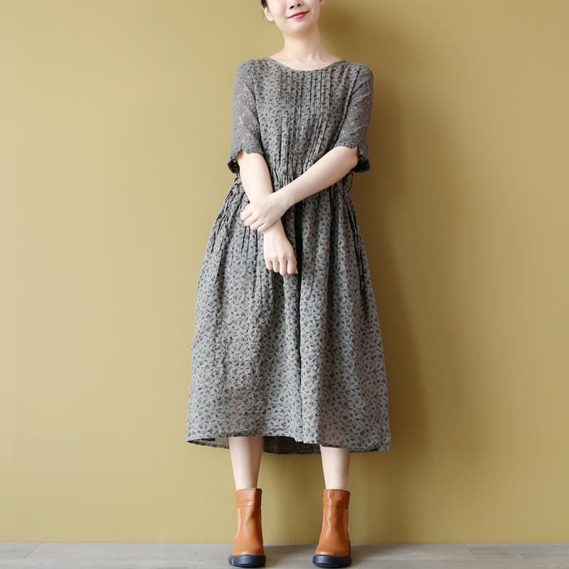 Elegant floral Midi linen dresses trendy plus size linen maxi dress Fine embroidery hollow out cotton clothing - Omychic