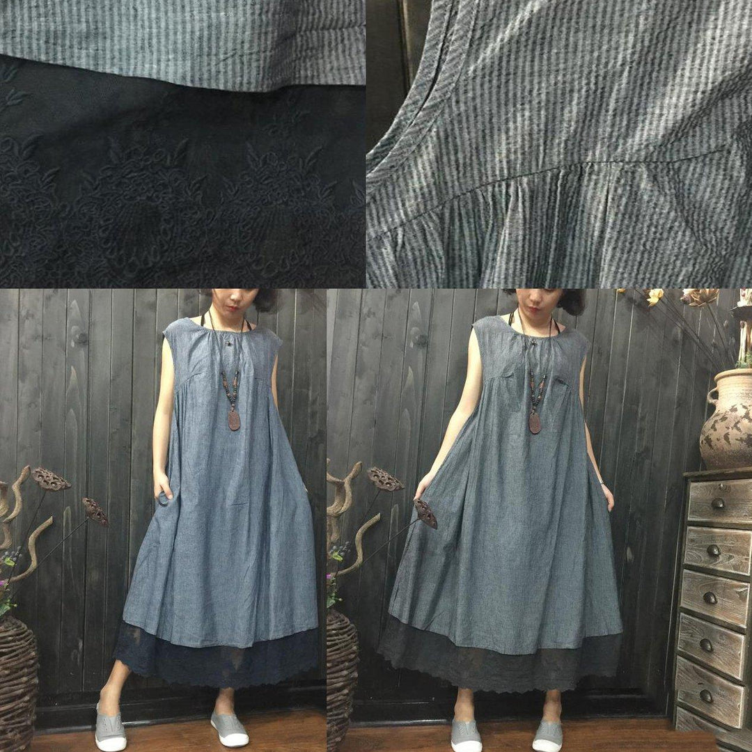 Elegant gray linen shift dress Loose fitting holiday dresses Elegant sleeveless striped linen cotton dress - Omychic