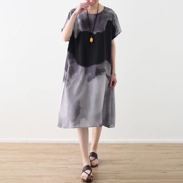 Elegant gray natural chiffon dress  Loose fitting prints o neck chiffon maxi dress women short sleeve dresses - Omychic