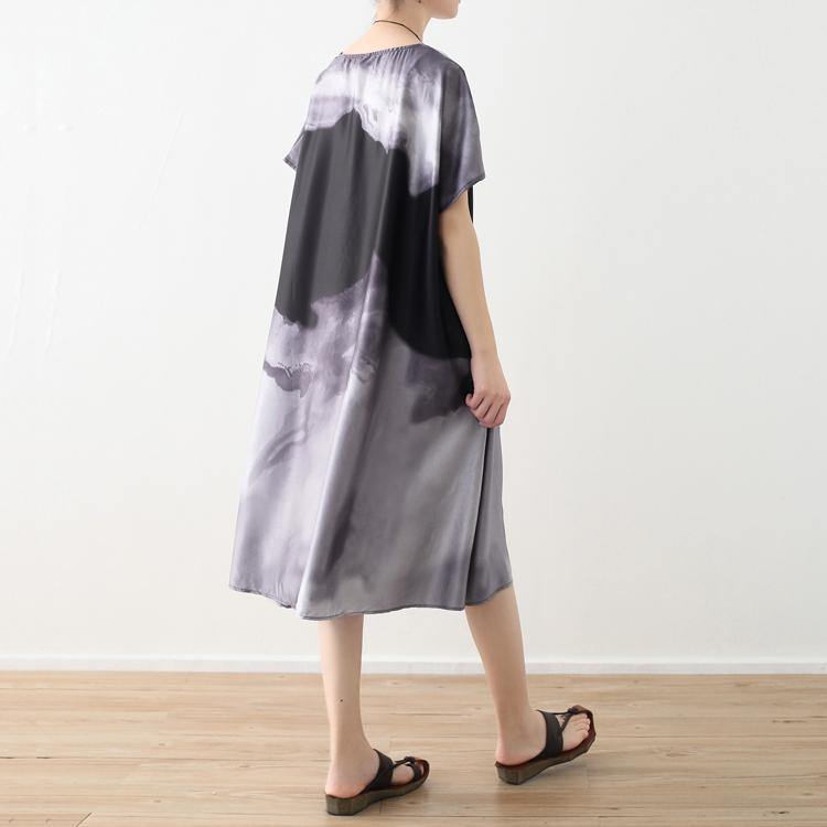 Elegant gray natural chiffon dress  Loose fitting prints o neck chiffon maxi dress women short sleeve dresses - Omychic