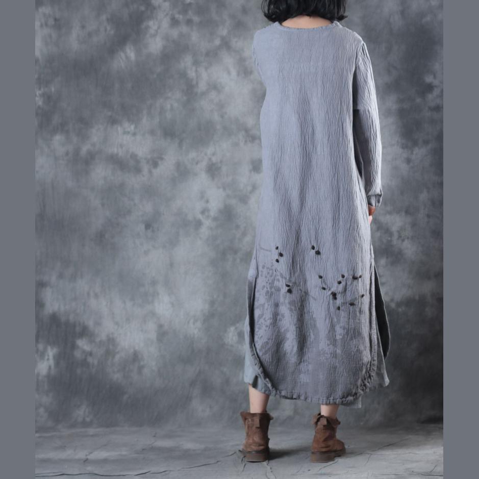 Elegant gray prints linen maxi dress casual o neck linen clothing dresses women side open caftans - Omychic