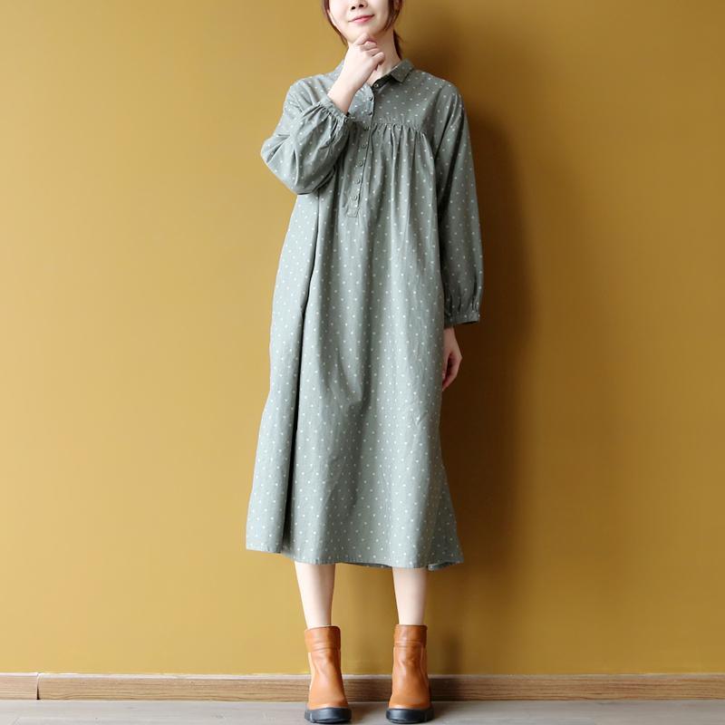 Elegant green dotted cotton caftans plus size clothing shirt collar cotton clothing dress vintage long sleeve maxi dresses - Omychic