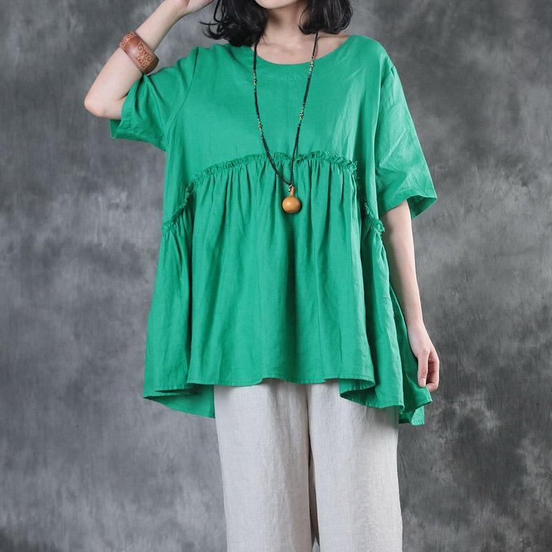 Elegant green linen blouse plus size clothing linen clothing tops Elegant short sleeve patchwork cotton clothing - Omychic