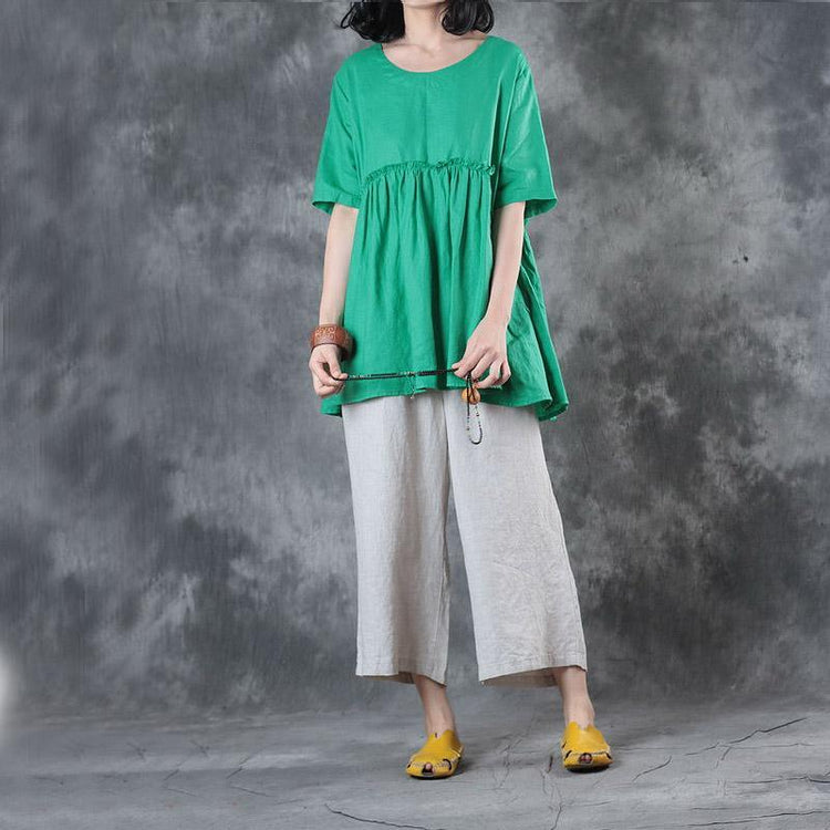 Elegant green linen blouse plus size clothing linen clothing tops Elegant short sleeve patchwork cotton clothing - Omychic
