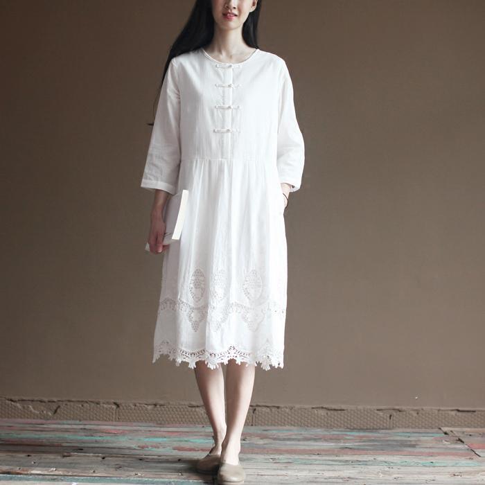 Elegant lace patchwrok white cotton dresses long sleeve maxi dress plus size cotton clothing - Omychic