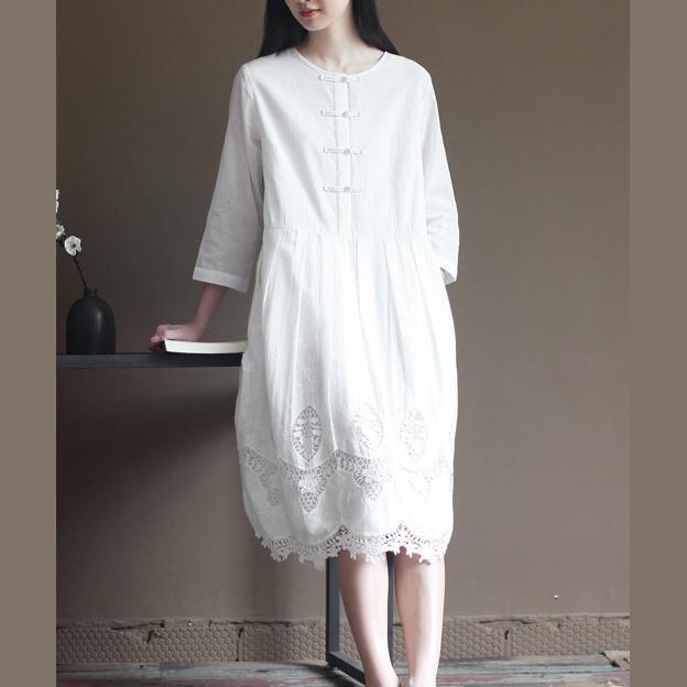 Elegant lace patchwrok white cotton dresses long sleeve maxi dress plus size cotton clothing - Omychic