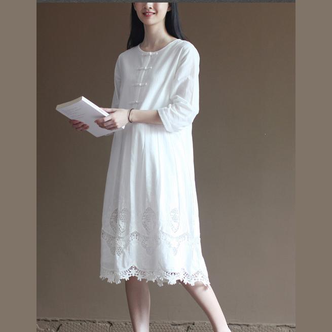 Elegant lace patchwrok white cotton dresses long sleeve maxi dress plus size cotton clothing - Omychic