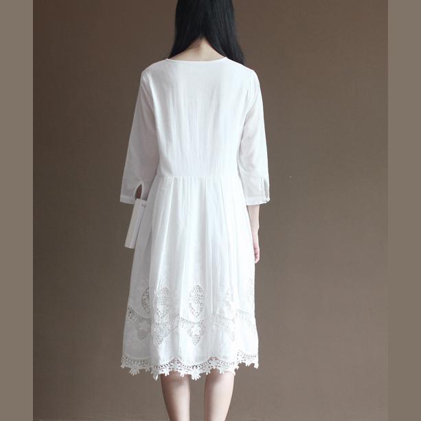 Elegant lace patchwrok white cotton dresses long sleeve maxi dress plus size cotton clothing - Omychic