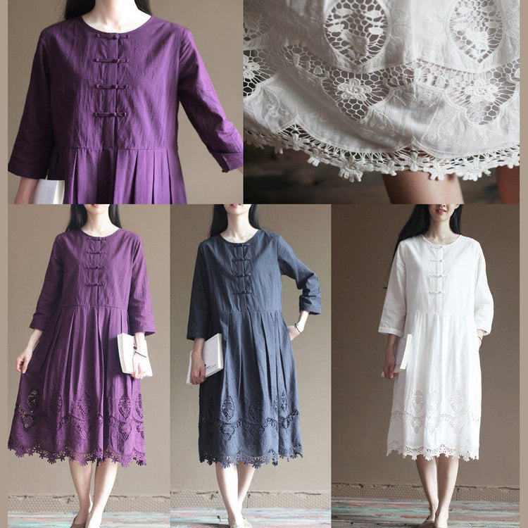 Elegant lace patchwrok white cotton dresses long sleeve maxi dress plus size cotton clothing - Omychic