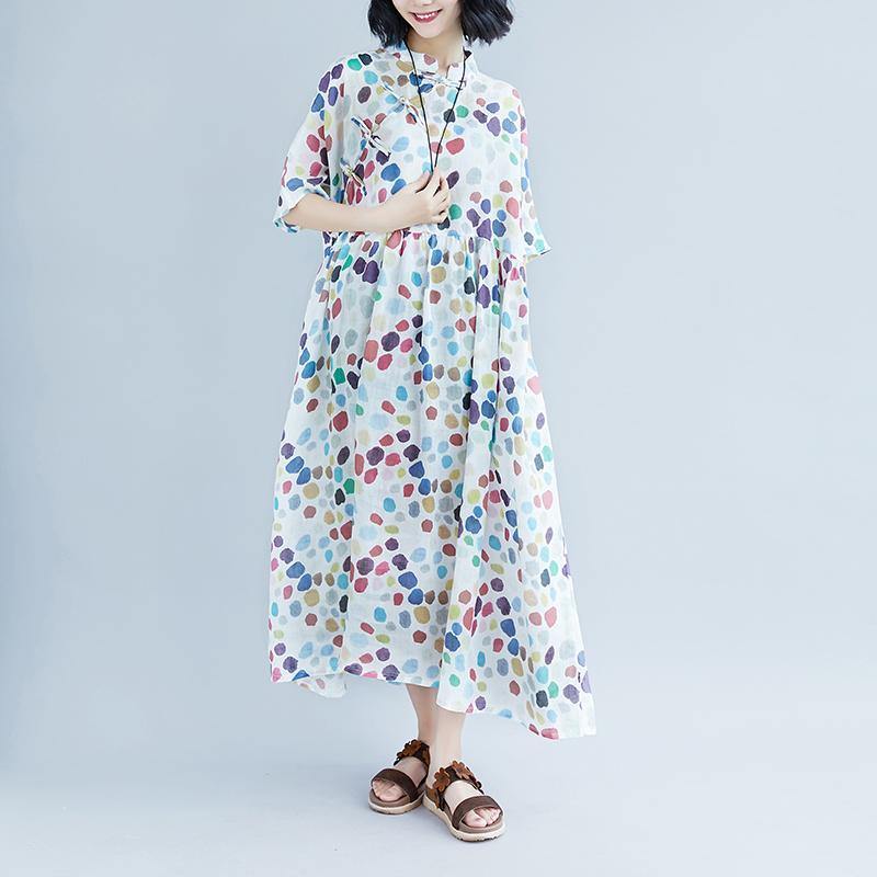 Elegant linen caftans oversized Casual Summer Short Sleeve Dots Pockets Dress - Omychic