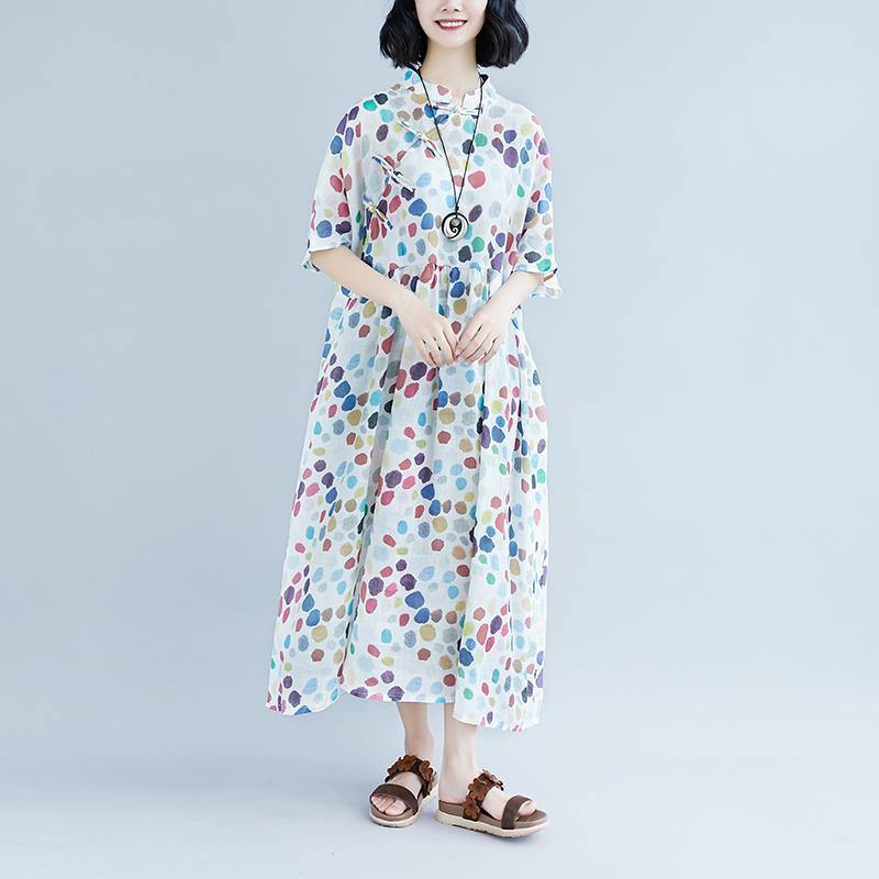Elegant linen caftans oversized Casual Summer Short Sleeve Dots Pockets Dress - Omychic