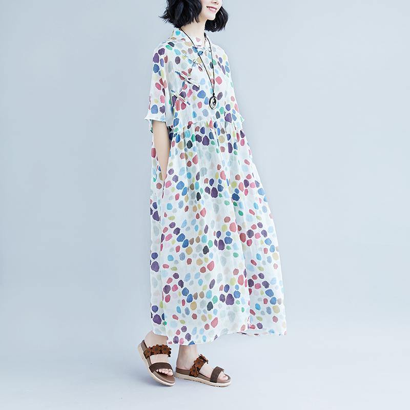 Elegant linen caftans oversized Casual Summer Short Sleeve Dots Pockets Dress - Omychic