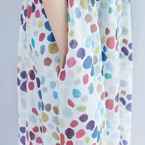 Elegant linen caftans oversized Casual Summer Short Sleeve Dots Pockets Dress - Omychic