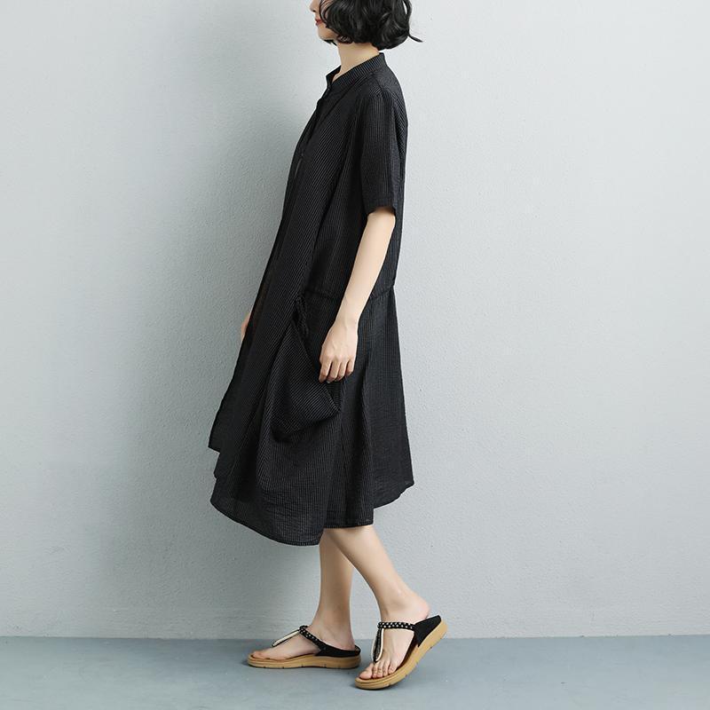 Elegant linen cotton dress plus size Summer Short Sleeve Stripe Pockets Fake Two-piece Black Dress - Omychic