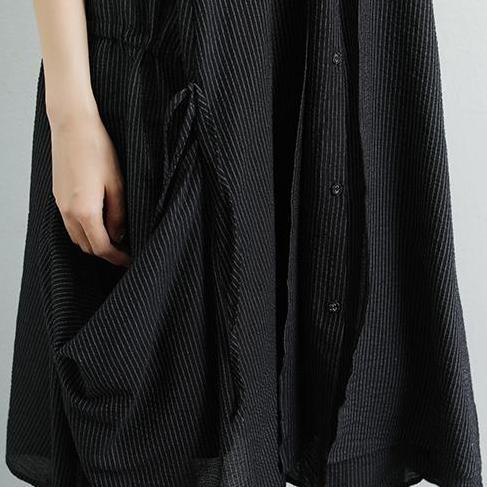 Elegant linen cotton dress plus size Summer Short Sleeve Stripe Pockets Fake Two-piece Black Dress - Omychic
