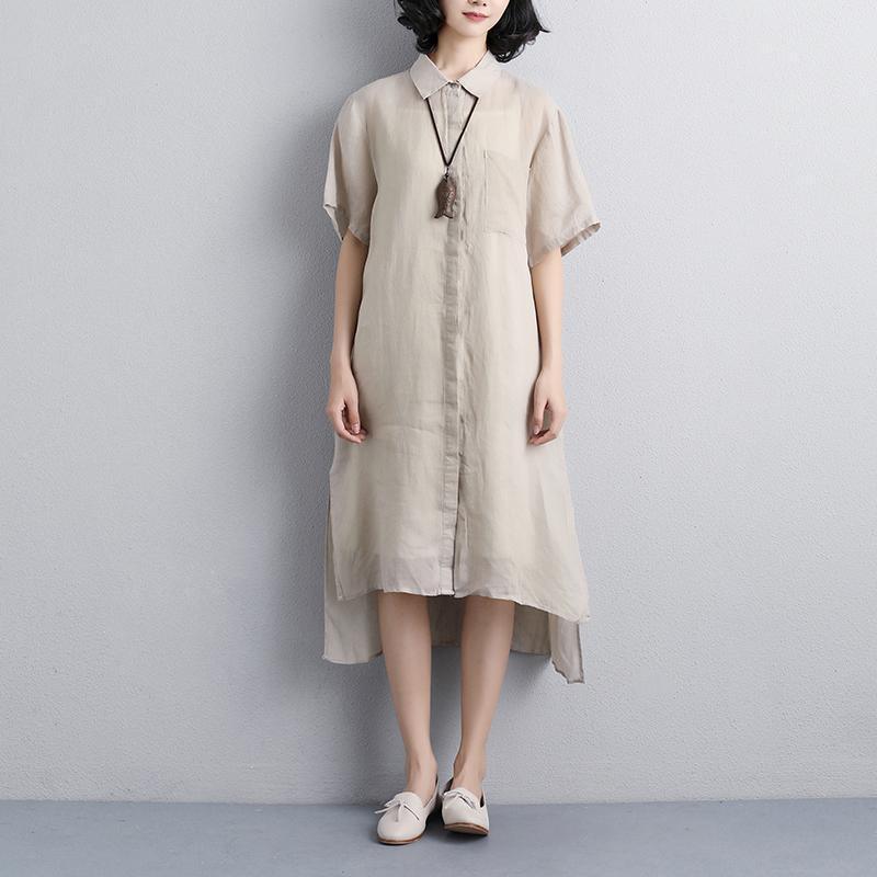 Elegant linen dresses plus size clothing Casual Polo Collar Beige Short Sleeve Shirt Dress - Omychic