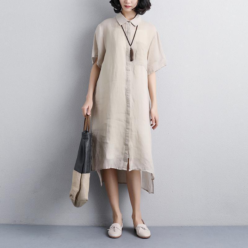 Elegant linen dresses plus size clothing Casual Polo Collar Beige Short Sleeve Shirt Dress - Omychic