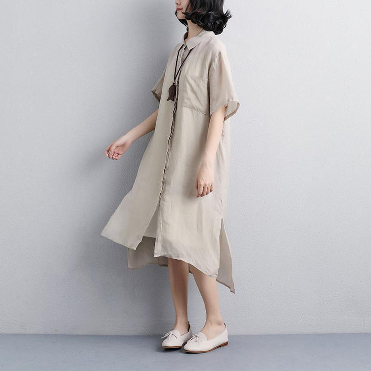 Elegant linen dresses plus size clothing Casual Polo Collar Beige Short Sleeve Shirt Dress - Omychic