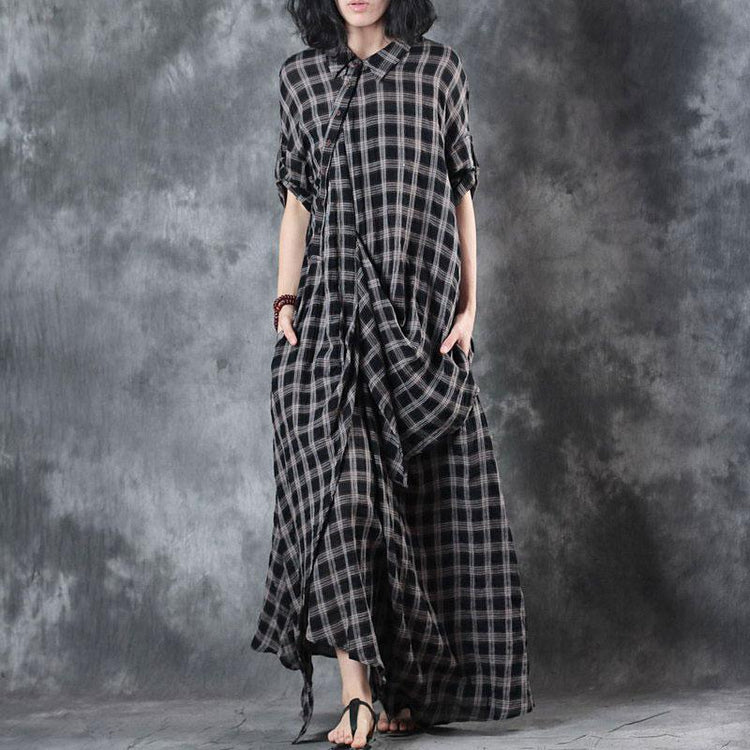 Elegant Linen Dresses Trendy Plus Size Polo Collar Retro Summer Women Pullover Plaid Dress - Omychic