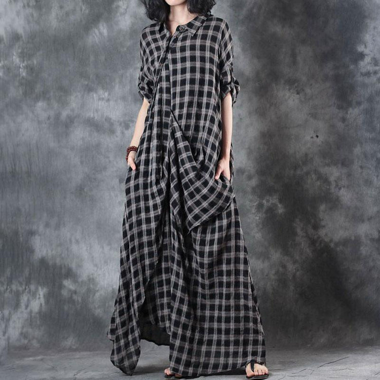 Elegant Linen Dresses Trendy Plus Size Polo Collar Retro Summer Women Pullover Plaid Dress - Omychic