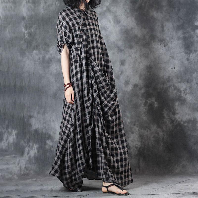 Elegant Linen Dresses Trendy Plus Size Polo Collar Retro Summer Women Pullover Plaid Dress - Omychic