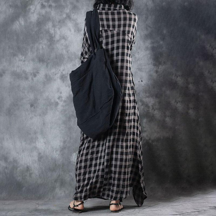 Elegant Linen Dresses Trendy Plus Size Polo Collar Retro Summer Women Pullover Plaid Dress - Omychic