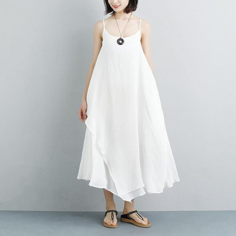 Elegant linen maxi dress oversized Cotton Linen Summer Sleeveless White Vest Dress - Omychic