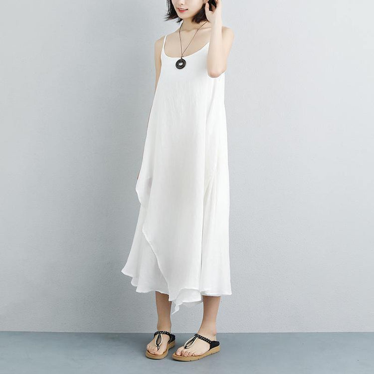Elegant linen maxi dress oversized Cotton Linen Summer Sleeveless White Vest Dress - Omychic
